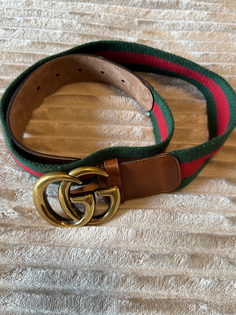 Gucci Brown Leather Belt with Gold Double G Buckle and Green-Red Web